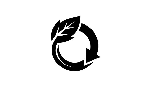 Green eco leaf recycling logo vector template with circular arrow symbol for sustainable energy branding