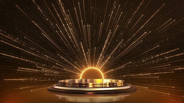 Stage golden spotlight lines glitter texture award ceremony design. Realistic 3d premium elegant glamour background. template for anniversary winner rewarding. Luxurious deco stage fan shaped backdrop