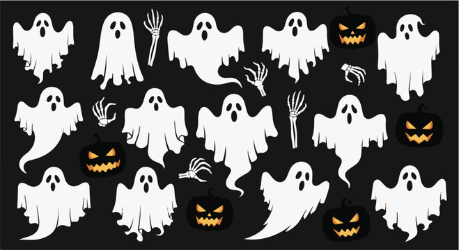 Ghost set. Funny Ghost icons. Cute ghost characters. Design elements for logo, badges, banners, labels, posters. Vector
