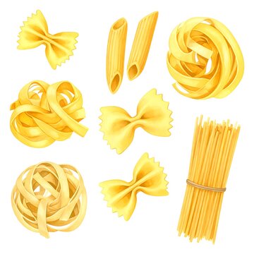 Variety of uncooked pasta shapes.