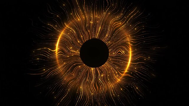 Golden abstract energy sun glowing circular flowing waves, black space, radiant particle motion. luxury videos, cosmic intros, music visuals, spiritual titles, science promos, elegant overlays,
