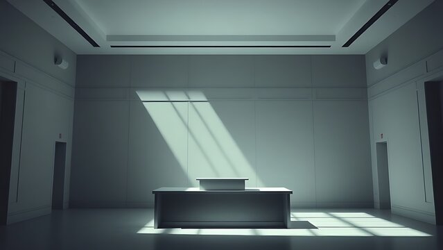 Empty arbitration room with sunlit witness stand, solemn minimalist space.