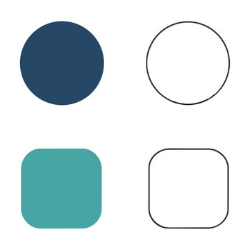 Set of four minimalist user interface icons with circular and rounded square frames in solid and outline styles for a clean modern design concept