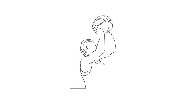 Continuous one-line drawing of a basketball player shooting a ball, minimalist sports athlete animation