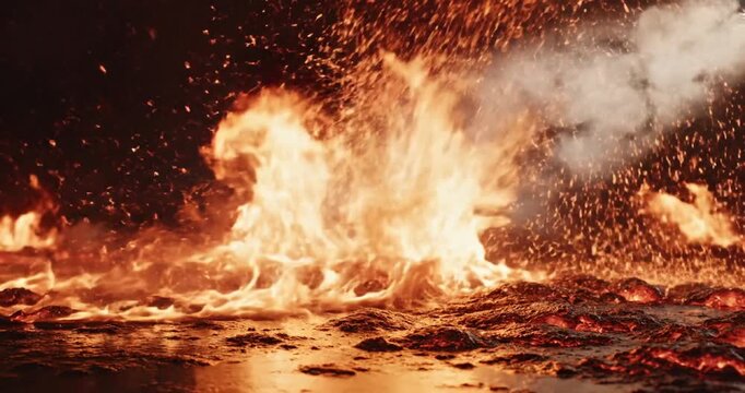 Large fire burns at night.