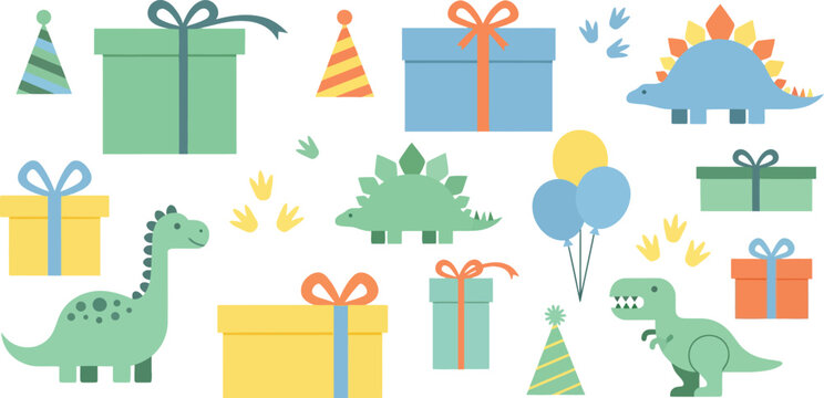 Dinosaur birthday party celebration with presents and trees
