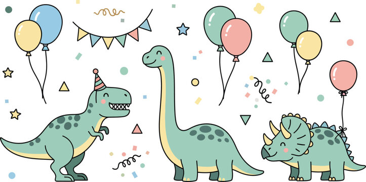 Three friendly green dinosaurs celebrate a party with colorful balloons and bunting