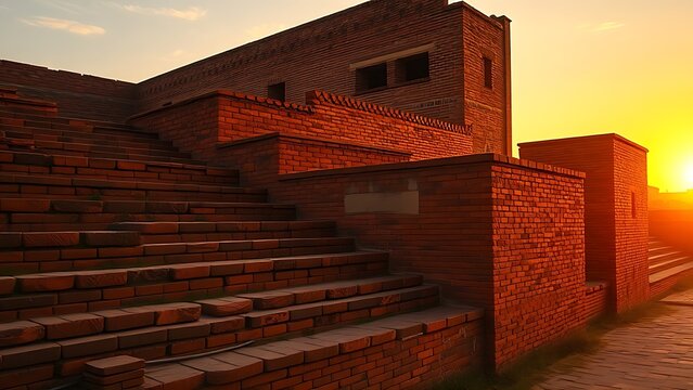 Ancient brick walls with stepped patterns illuminated by warm sunset light.
