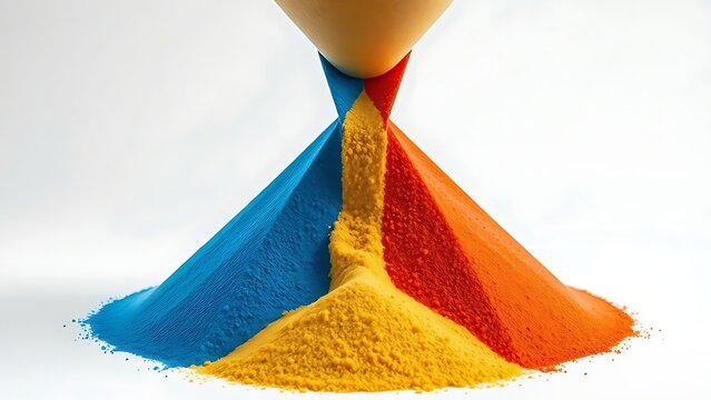 Two streams of colored sand merging into one uniform mixture in a funnel.