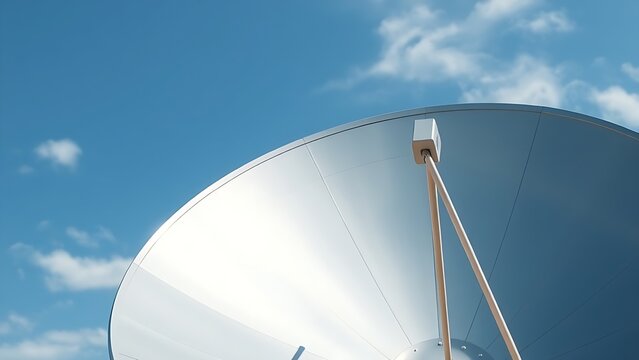 A polished silver satellite dish reflecting clouds in a blue sky.