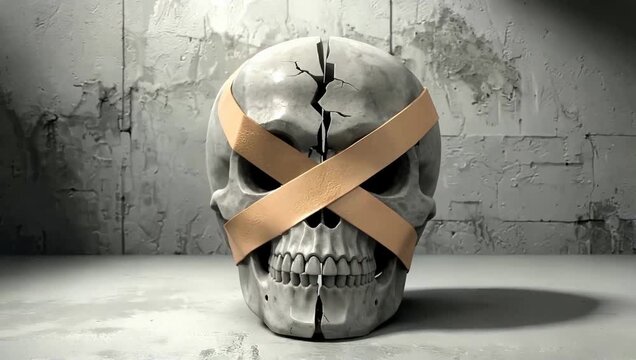 Cracked concrete skull with X-shaped band-aids over eyes against a grey wall