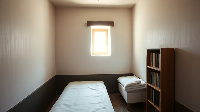 Simple monastic cell interior with a narrow bed and a wooden bookshelf.