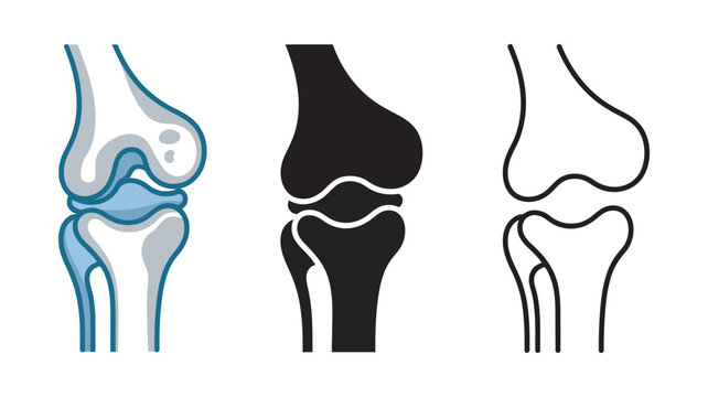 Human knee replacement surgery icons illustrating joint anatomy, prosthetic implant design, orthopedic reconstruction, and medical rehabilitation concept.