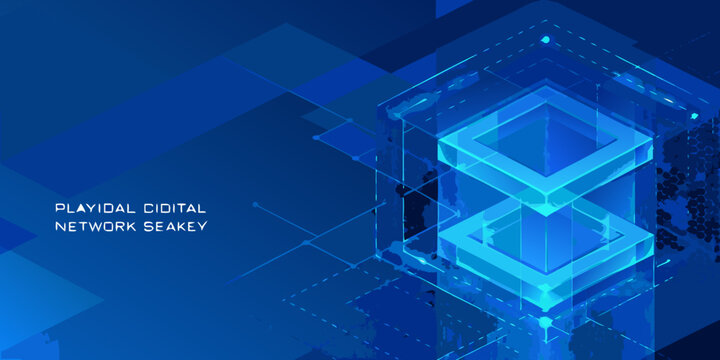 Abstract blue geometric forms with stacked cubes and lines on a dark background high quality