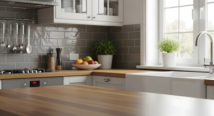 Fototapeta premium Modern kitchen interior with stainless steel appliances and natural light