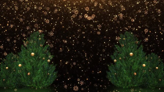Golden Christmas tree shining light, falling snowflakes stars. Christmas New Year background Christmas Tree Particle Animation Snow Falling on Simple Red Background. Beautiful Holiday Background