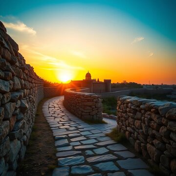 Stone pathway winding through ancient city walls as golden sunset hues paint the sky, Israel, walls