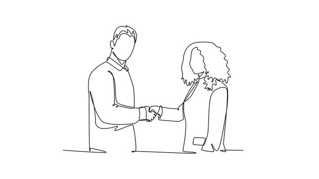 A man and woman shake hands in an office. Diverse multicultural cooperation concept. Single line draw design. Full length animation illustration. High quality 4k footage