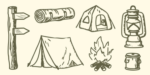 Camping equipment sketch collection with tent lantern signpost and rolled sleeping bag high quality professional © Bithi