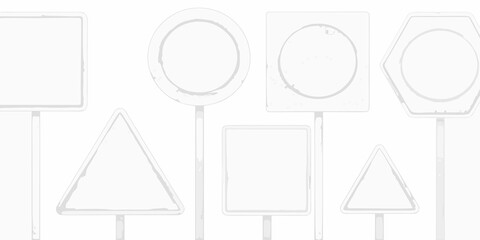 Minimalist road signs in geometric shapes including triangles circles and squares on white background © Bithi