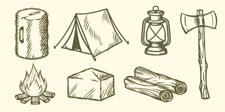 Camping equipment collection sketch style illustration with tent lantern axe and campfire high quality professional