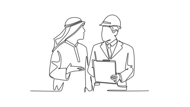 Arabic businessmen discussing construction business meeting. Diverse multicultural cooperation concept. Single line draw design. Full length animation illustration. High quality 4k footage