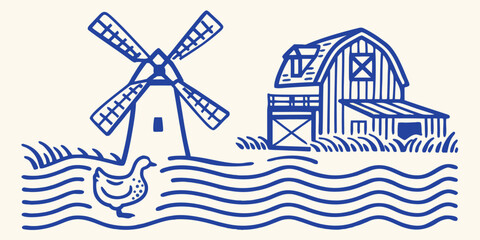 Line drawing of a dutch windmill and american barn with a goose in front of waves © Bithi