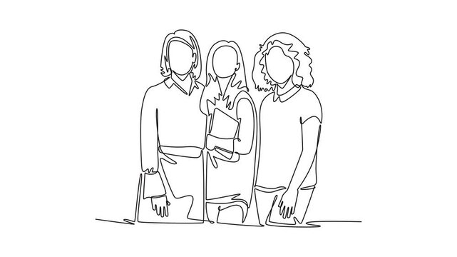 Happy multicultural work team employees group. Diverse multicultural cooperation concept. Single line draw design. Full length animation illustration. High quality 4k footage
