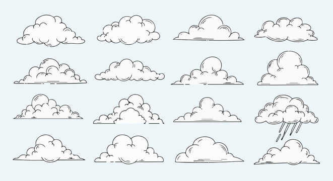 Collection of diverse cloud illustrations in a simple line art style