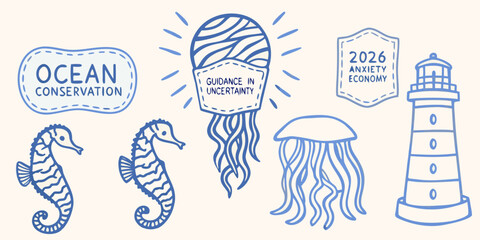Hand drawn seahorse jellyfish and lighthouse illustrations with ocean conservation message high quality professional detailed © Bithi