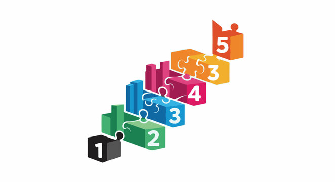 Colorful puzzle pieces numbered one to five ascend like stairs
