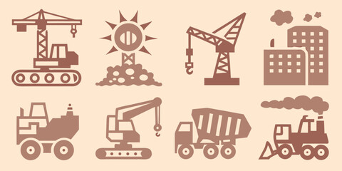 Construction equipment icons set including cranes dump trucks and excavators in a flat style © Bithi