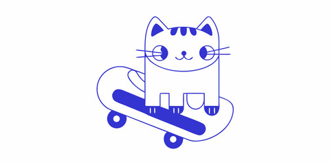 Cat on skateboard playful blue line drawing on white background © Bijoy