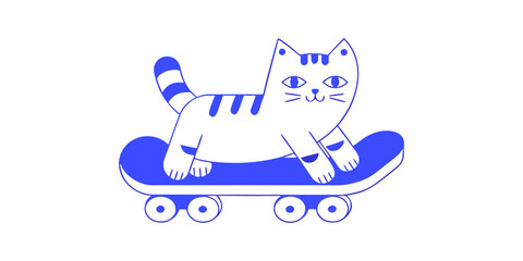 Cat on skateboard blue line drawing on white background © Bijoy