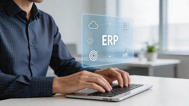 Businessman typing on laptop with hologram of Enterprise Resource Planning ERP system interface cloud computing database management business analytics target goals settings gears