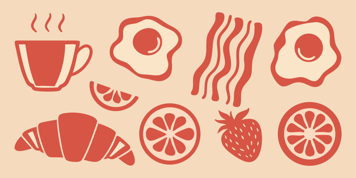 Breakfast food illustration featuring coffee eggs bacon croissant and fruit in a flat style