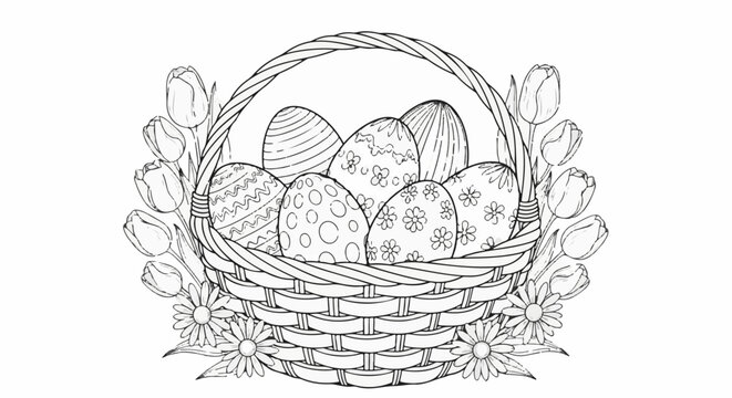 Coloring page of an Easter basket overflowing with decorative eggs and flowers