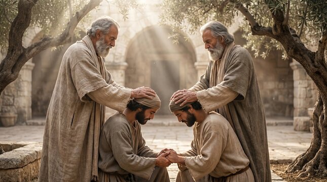 Ancient Biblical scene of Apostles laying hands on kneeling disciples for blessing and ordination in a stone courtyard in Jerusalem with divine light.