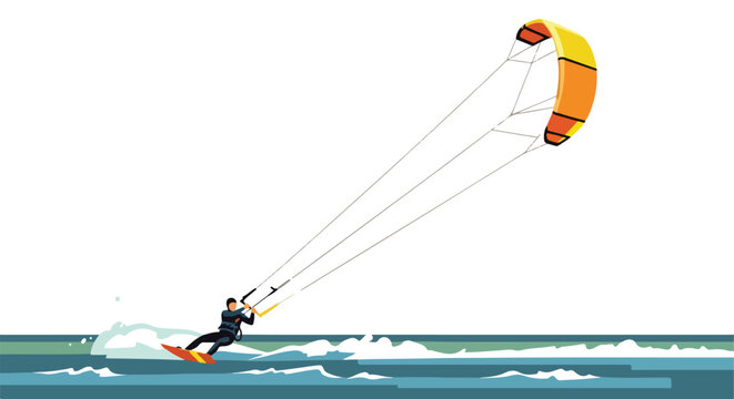 A flat vector illustration of a person kitesurfing on the ocean waves