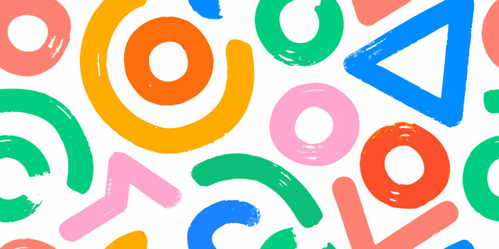 Colorful abstract shapes and circles pattern with rough brushstroke texture on white background high quality