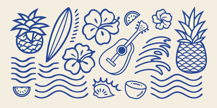 Tropical summer illustration with pineapples surfboard hibiscus flowers and ukulele on a blue background