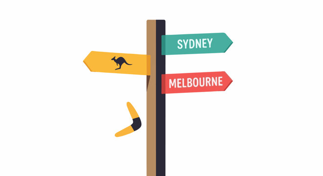 Directional signpost with kangaroo and boomerang points to Sydney and Melbourne