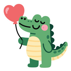 Fototapeta premium Cute cartoon alligator holding heart balloon.