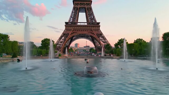 Crane video reveals shimmering Trocadero reflections of majestic Eiffel Tower and Parisian cityscape at golden hour, soft pink, orange, purple, blue sky. Concept of Parisian romance