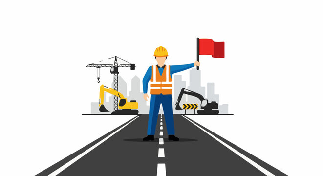 Construction worker on road directing traffic with red flag, with excavators