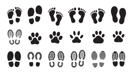 Footprints human bare walk footprints, shoes and shoe sole kids feet vector design, footsteps icon for print, trail walking route and path tracking concept. © Ayat 04