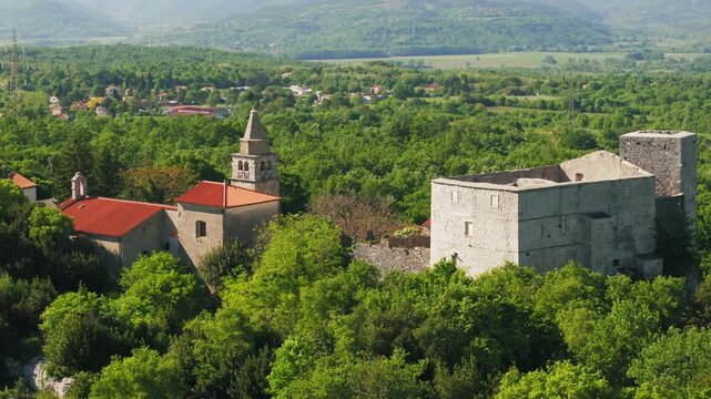 Aerial View of Paz Village and Medieval Fort Ruins, Istria, Croatia