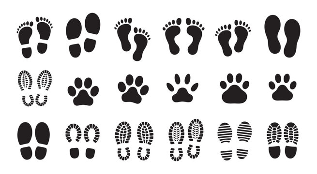 Footprints human bare walk footprints, shoes and shoe sole kids feet vector design, footsteps icon for print, trail walking route and path tracking concept.