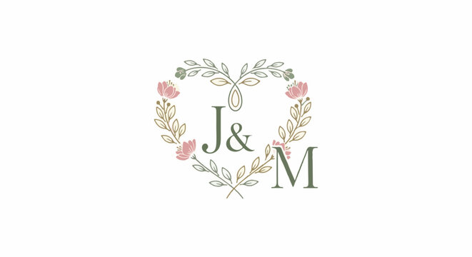 Delicate floral heart frames initials J and M