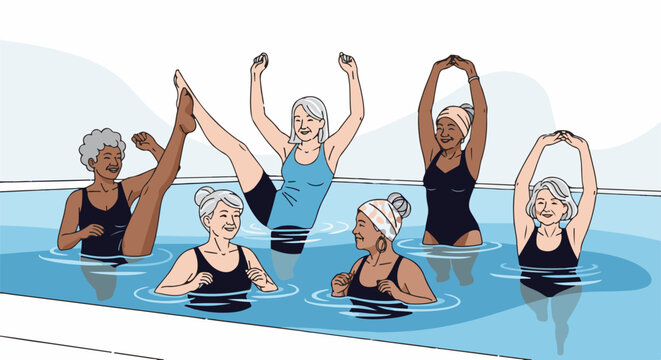 Diverse group of older women in a pool, exercising and smiling together